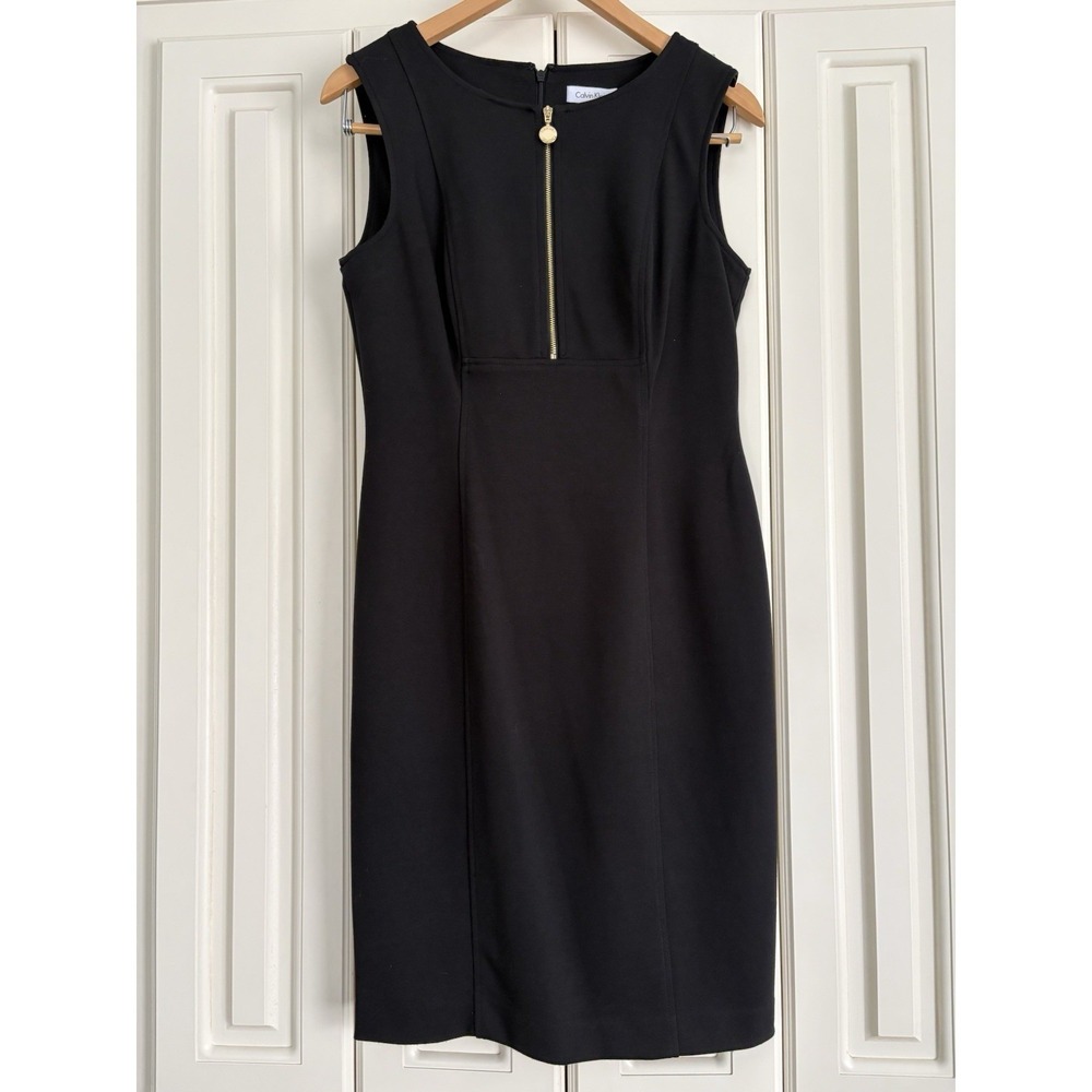 CALVIN KLEIN Sheath Gold Zipper Sleeveless Little Black Dress Size 8 Chic NWT